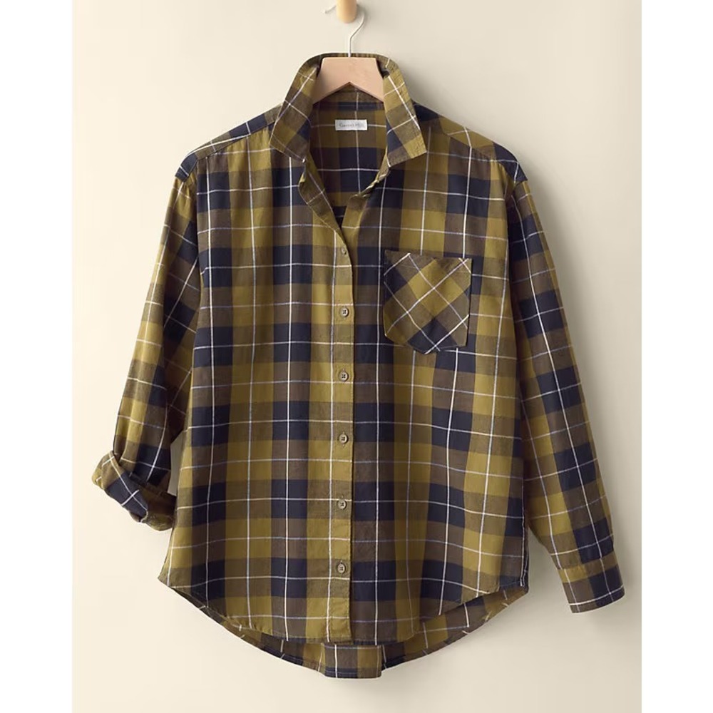 Garnet Hill Essential Boyfriend Shirt Womens Green Plaid Collared Oversized - 10